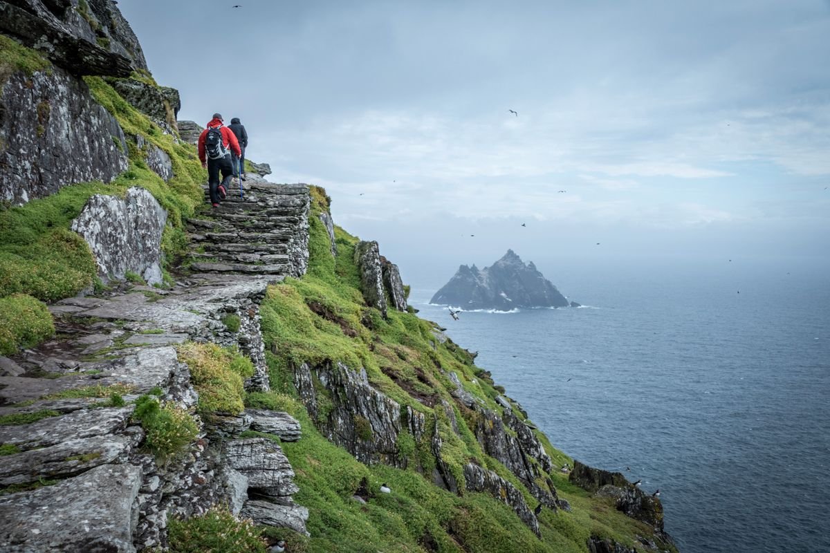 Stone steps on Skellig Michael with Little Skellig behind