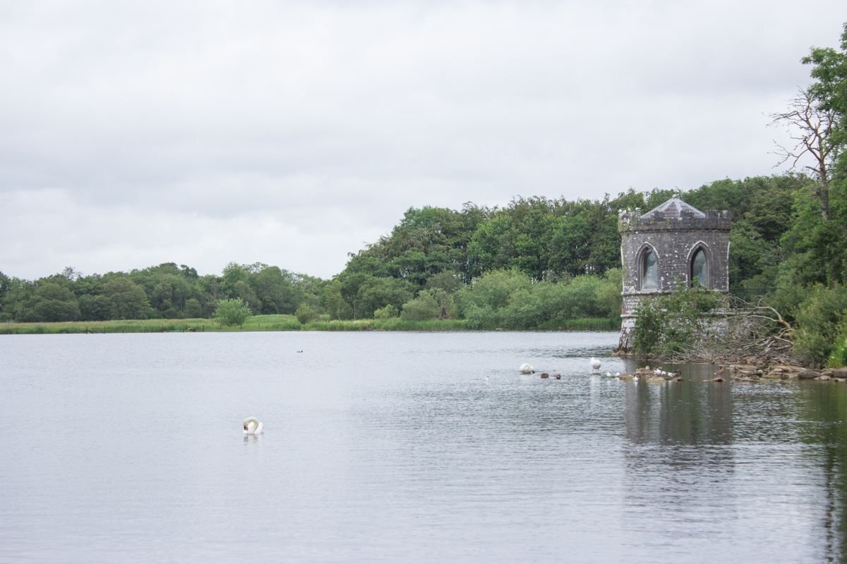 A lake and gothic folly on a wooded estate near Glaslough, County Monaghan