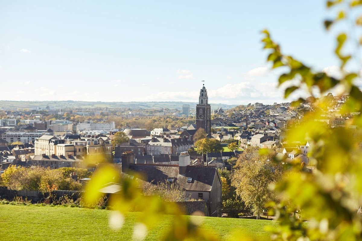 The Shandon tower of St Anne's Church rising above Cork city rooftops