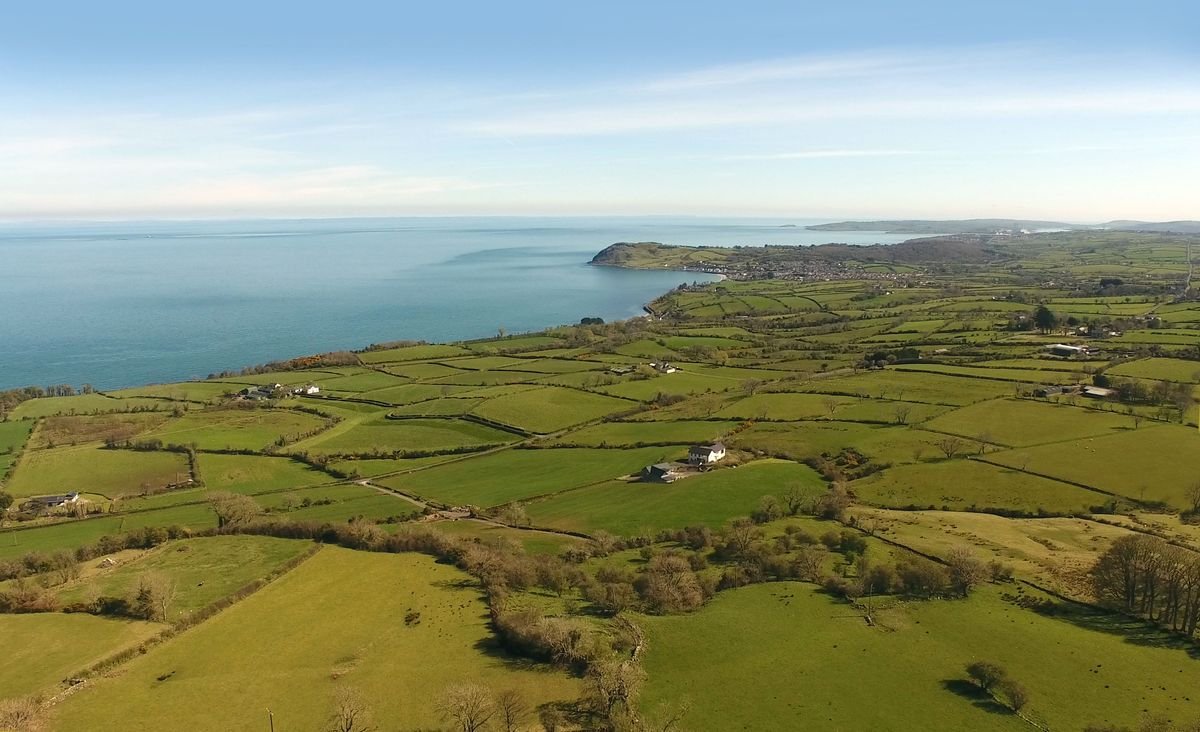 Green patchwork fields of the Glens of Antrim running down to the sea