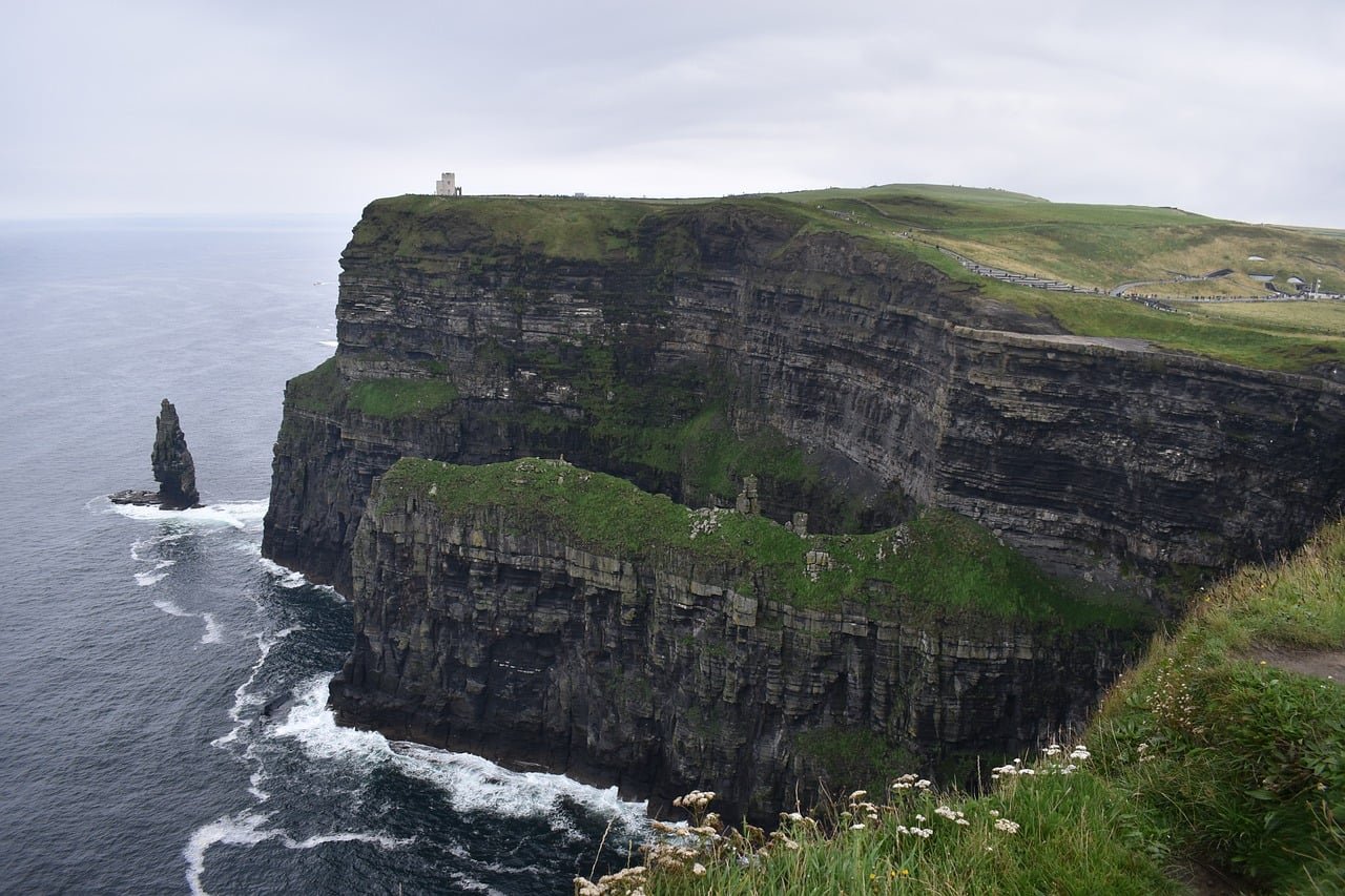 Wide view of the Cliffs of Moher with O'Brien's Tower and the sea stack below