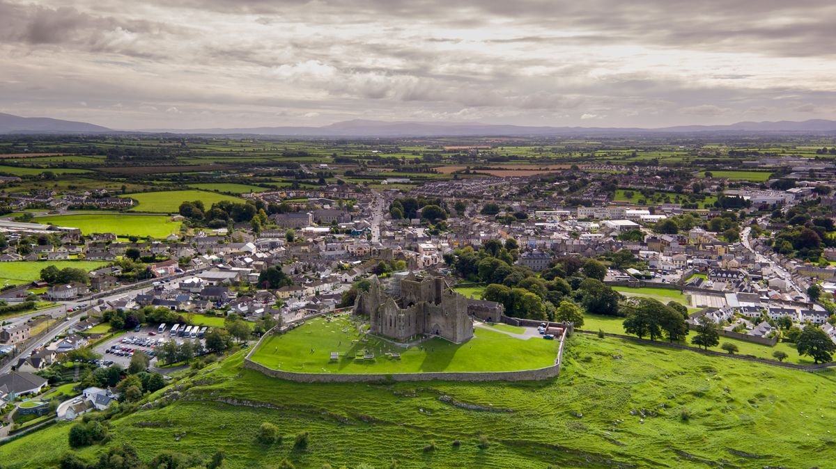 Aerial view of the Rock of Cashel on its hilltop above Cashel town in County Tipperary