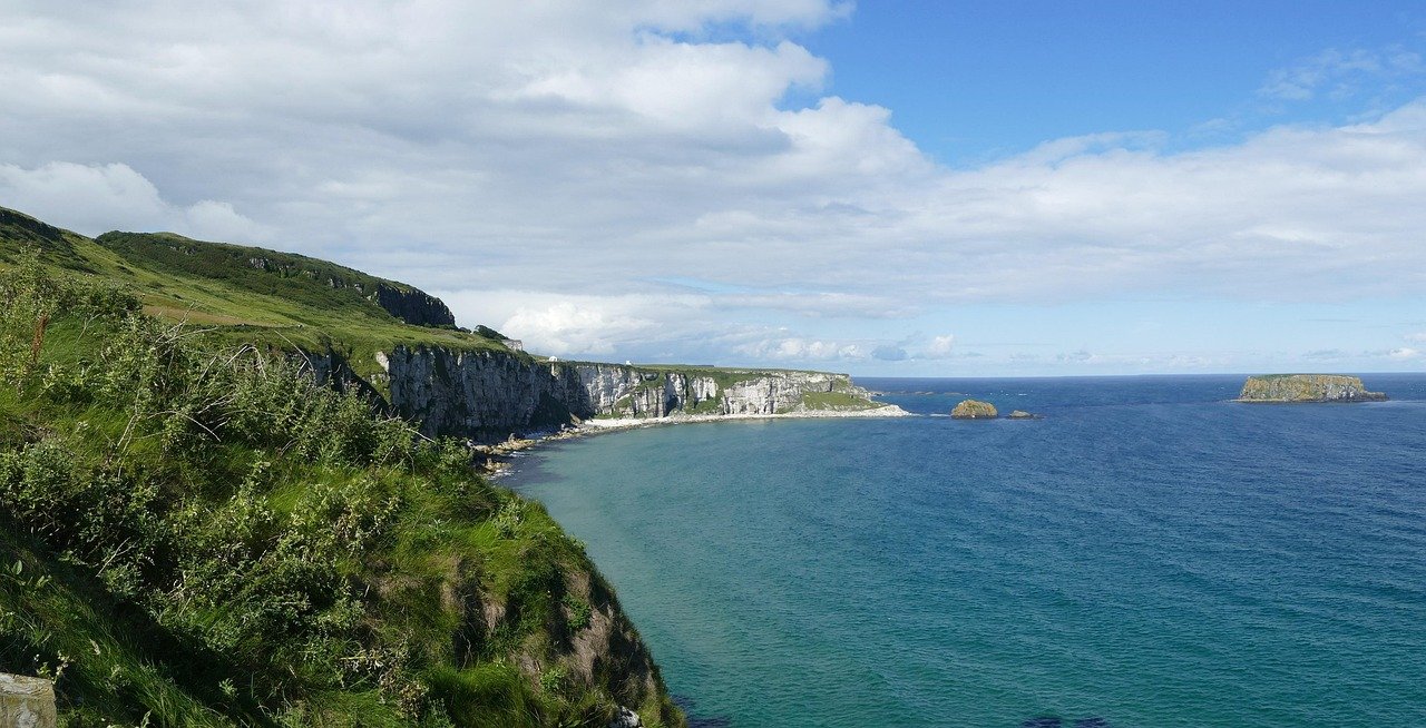 White cliffs and sea stacks off the headland near Carrick-a-Rede