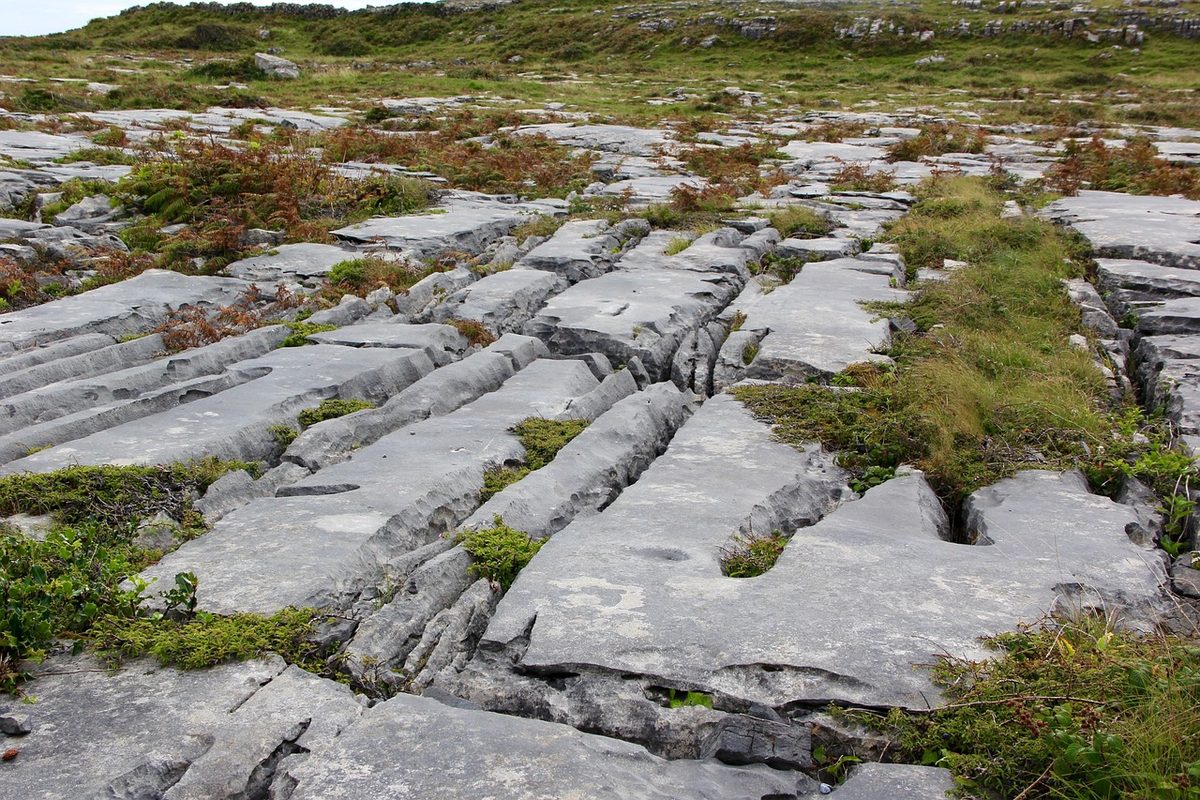 Limestone pavement with deep grikes on a Burren walking trail