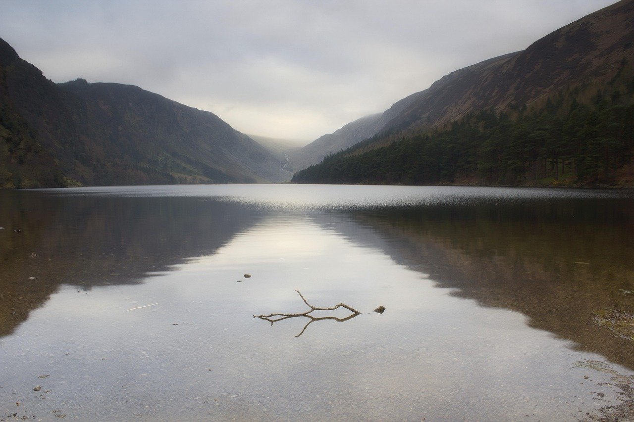 The Glendalough glacial valley with the lake and wooded slopes in the Wicklow Mountains