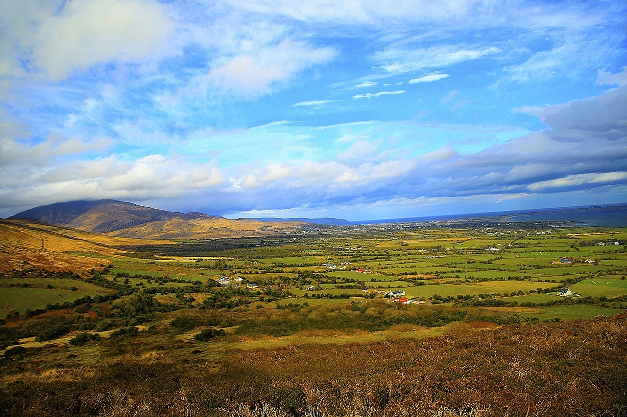 Ring of Kerry green patchwork fields running down to the sea