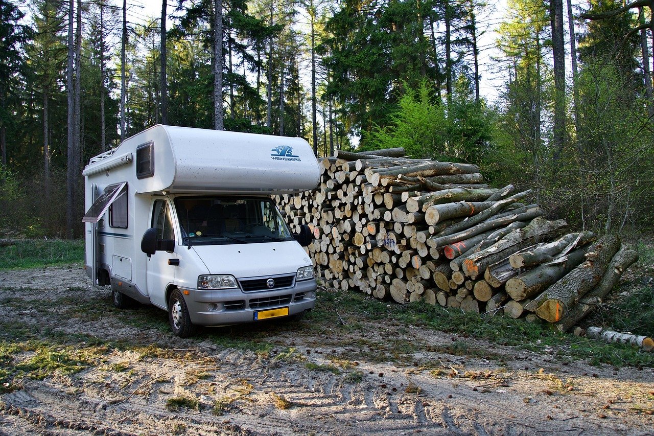 A campervan parked in a woodland clearing in the Irish countryside