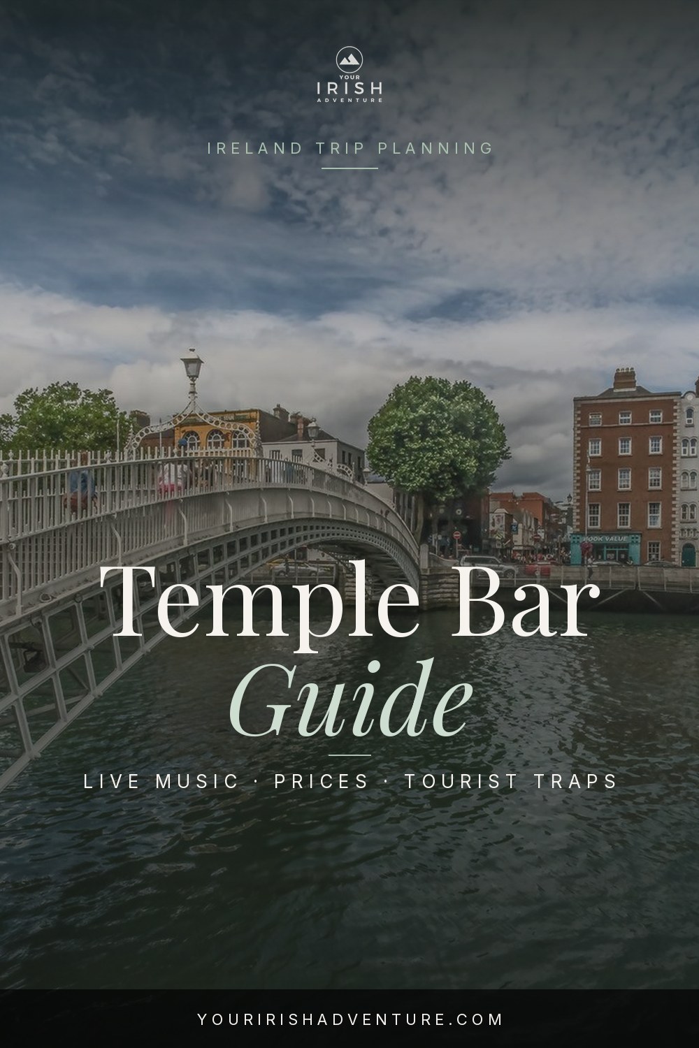 Evening lights and crowds outside a traditional music pub in Temple Bar, Dublin