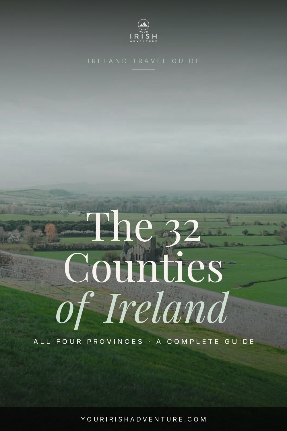 Map-style roundup of Ireland's 32 counties grouped by province with green countryside and coastline