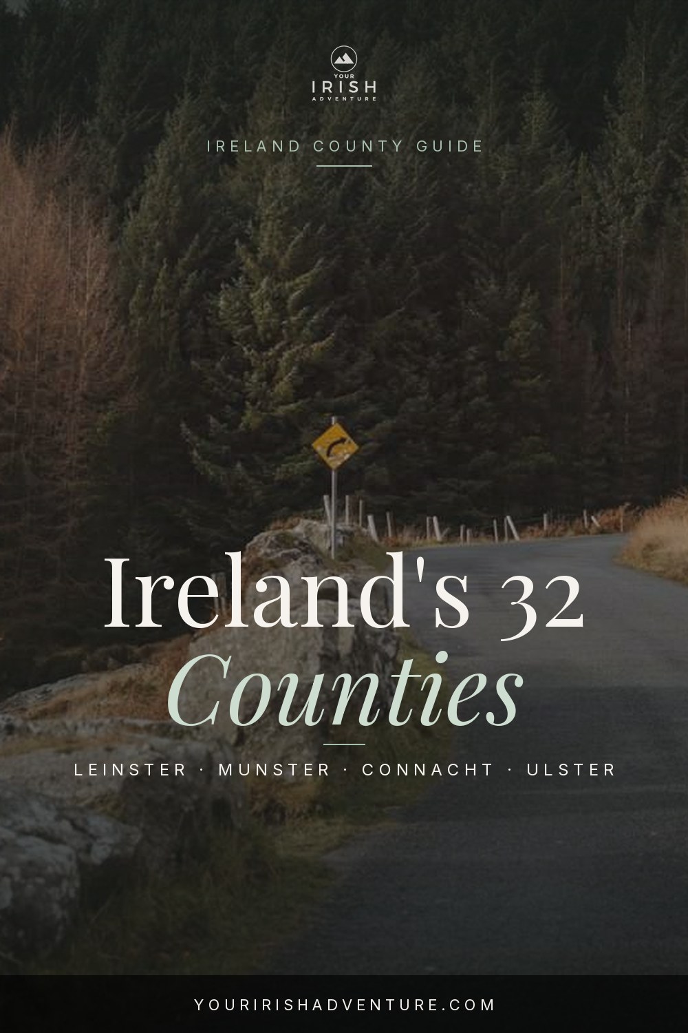 Overview of all 32 Irish counties across the four provinces with rolling hills and stone walls