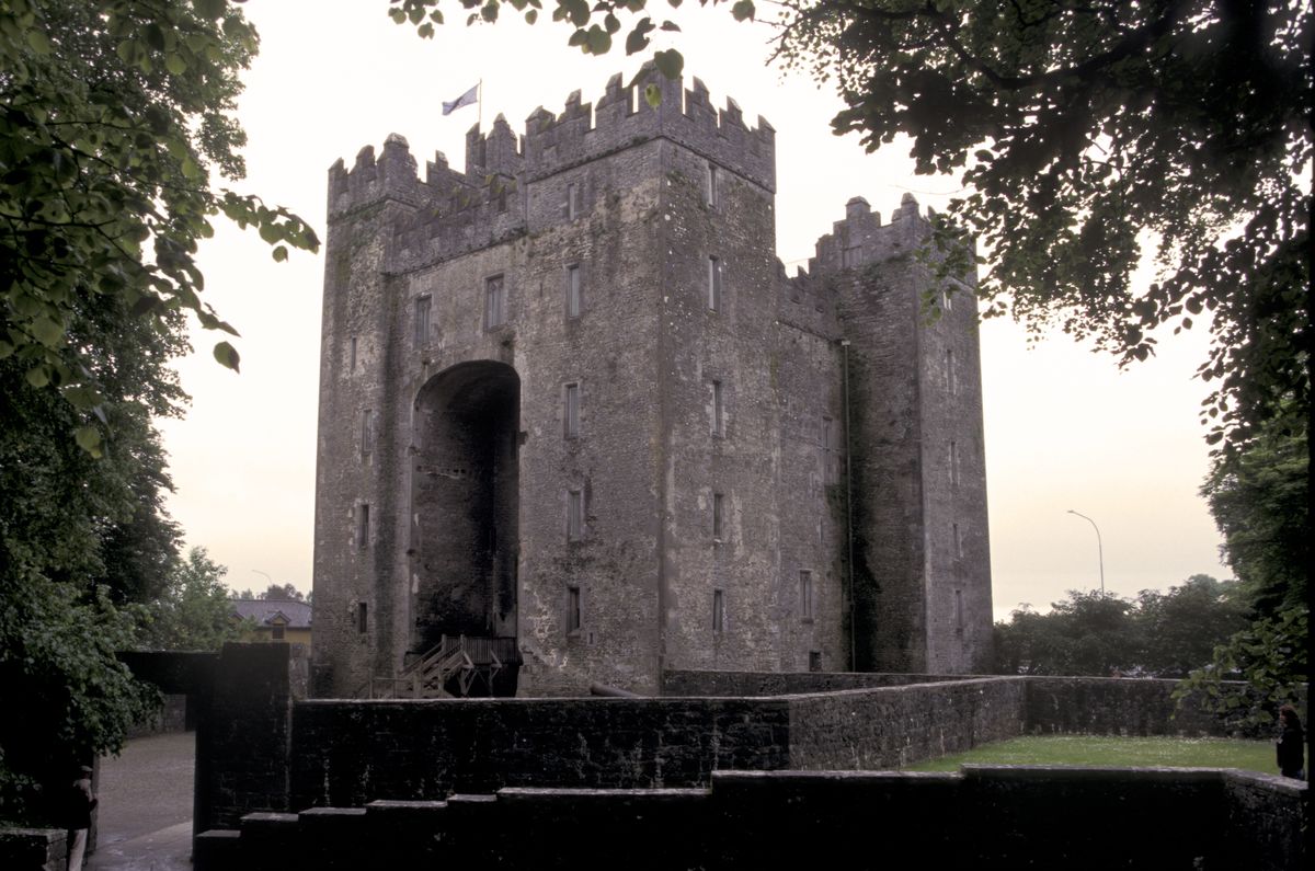 Bunratty Castle tower house at dusk framed by trees