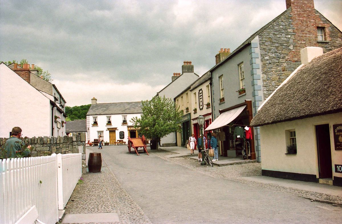 Rebuilt village street at Bunratty Folk Park with old shops and cottages
