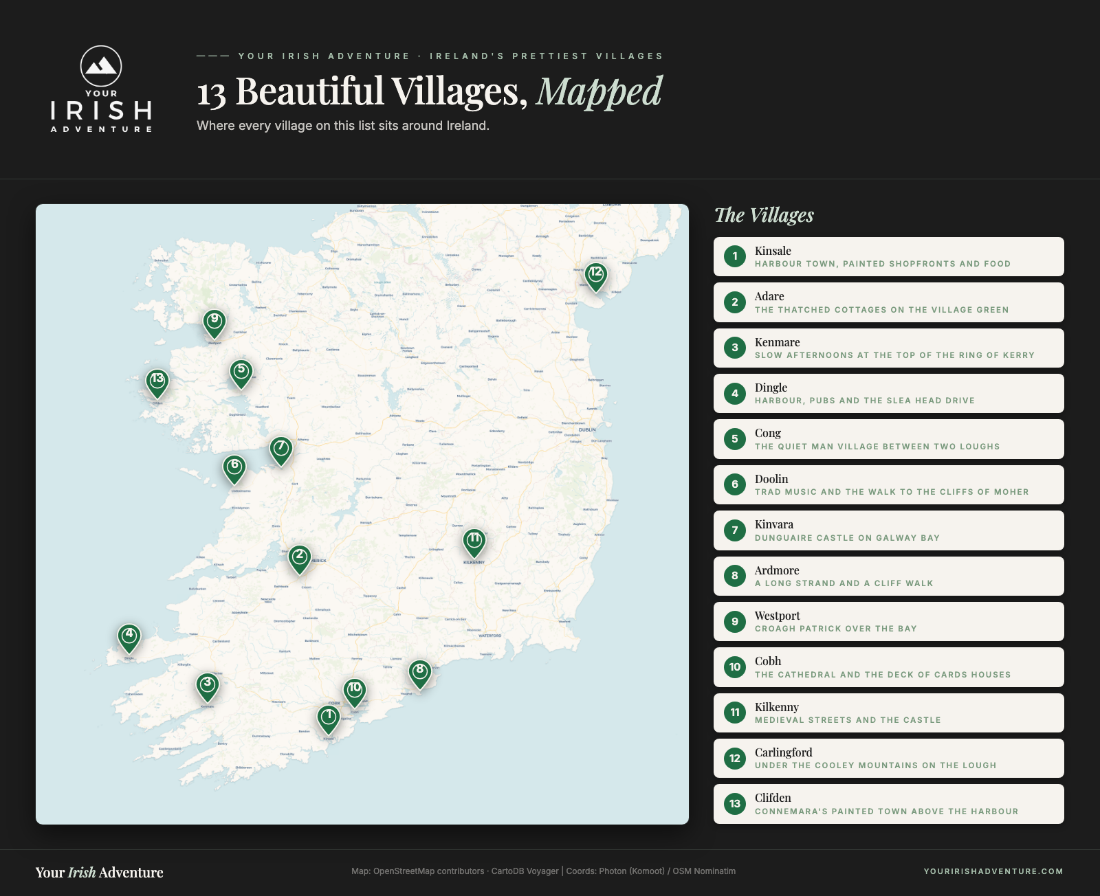 Map of Ireland showing the 13 most beautiful villages, from Kinsale in Cork to Clifden in Connemara