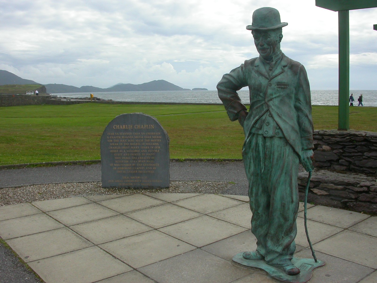 The Charlie Chaplin statue on the Waterville seafront with the sea behind