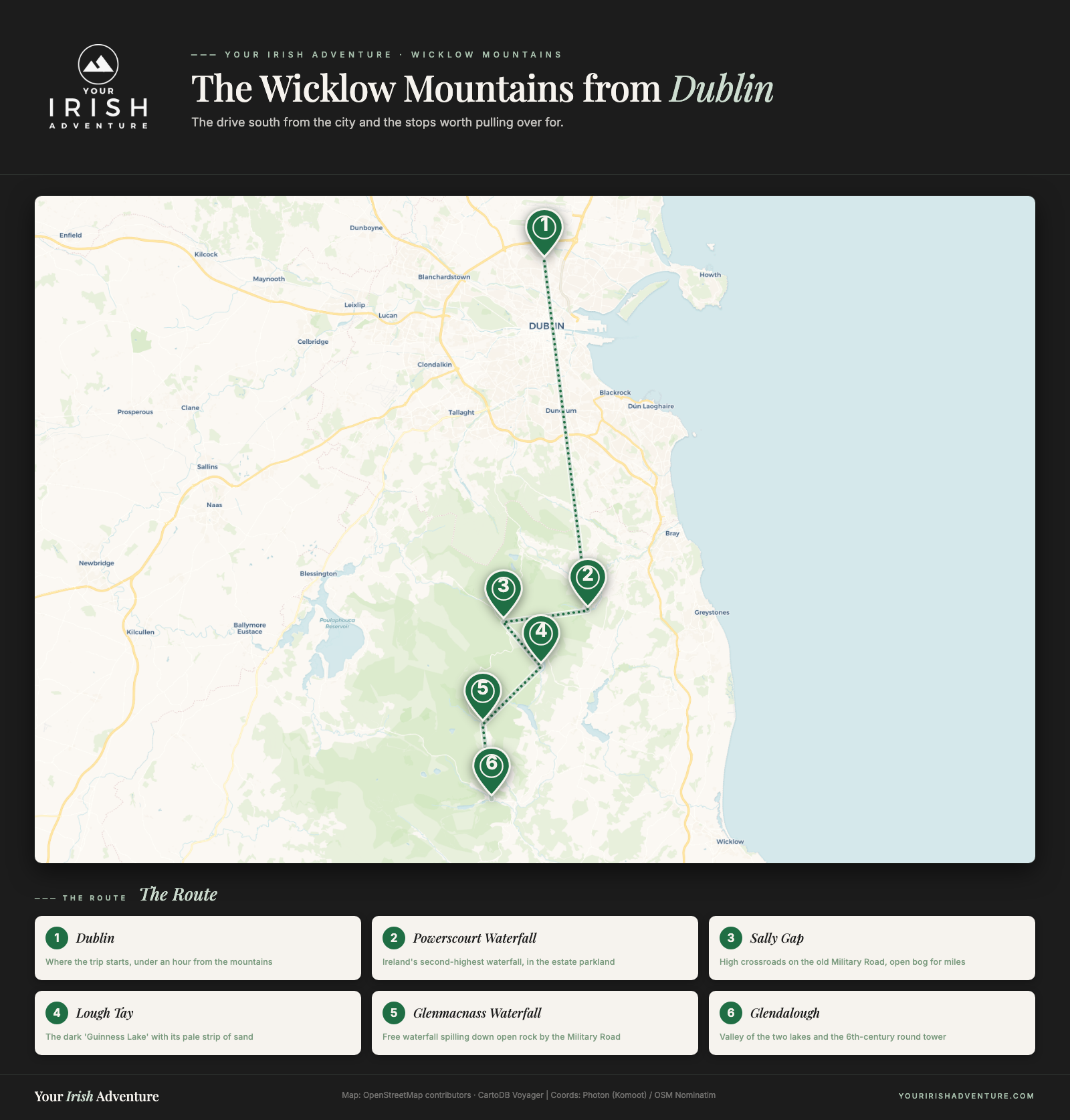 Route map of the Wicklow Mountains from Dublin showing Glendalough, Sally Gap, Lough Tay, Powerscourt and Glenmacnass