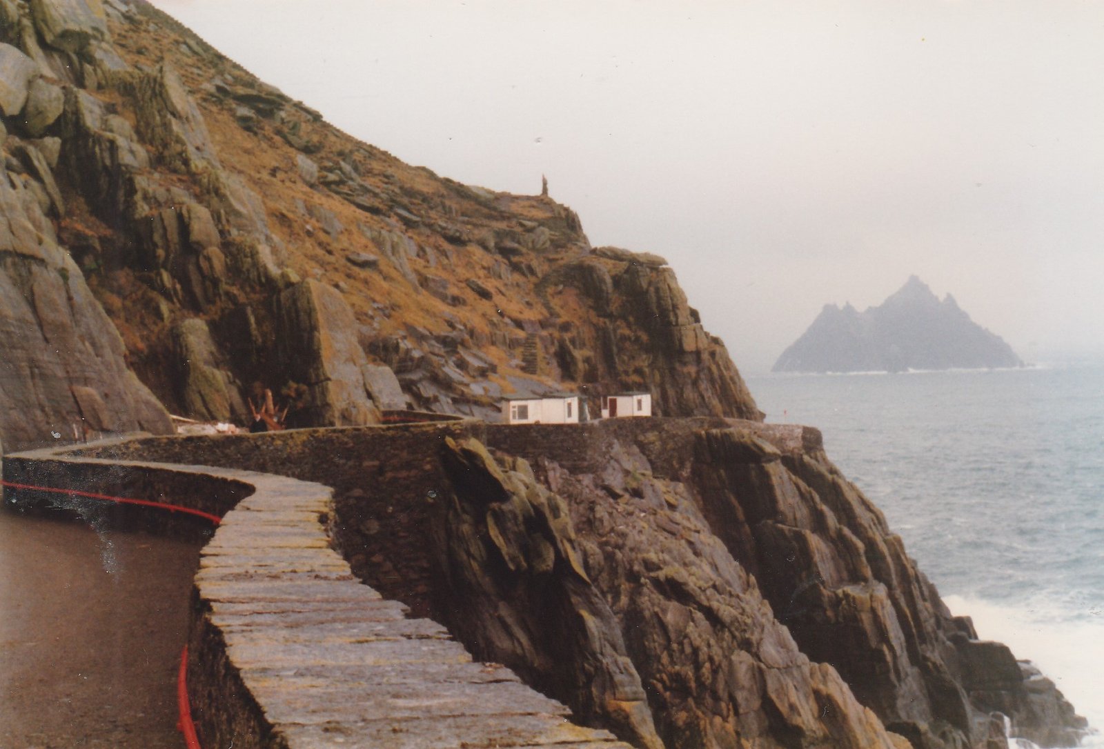 The landing area on Skellig Michael with Little Skellig in the haze behind, an island only reachable in summer
