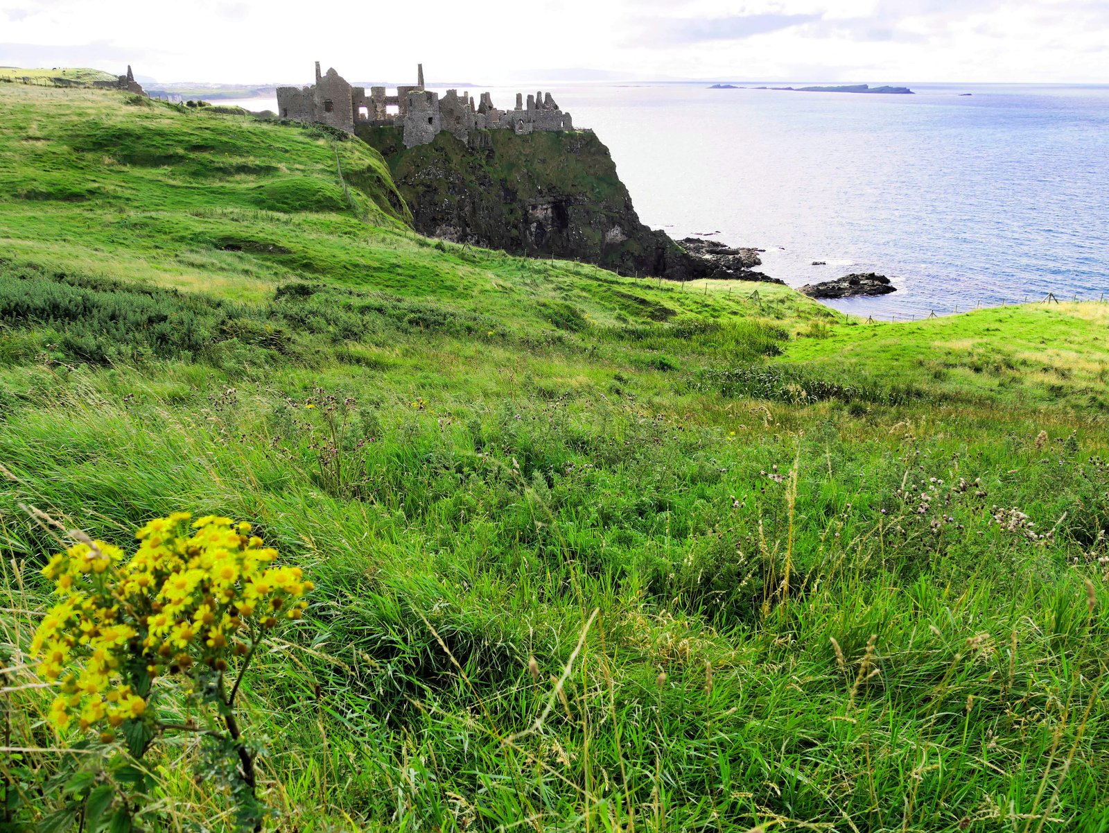 The ruins of Dunluce Castle on a cliff above the sea in County Antrim