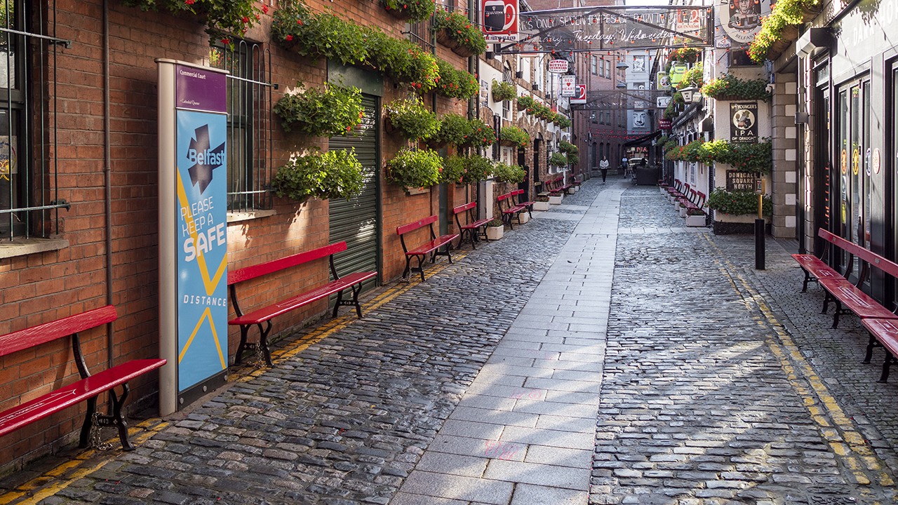 Wet pavement outside the pubs on Commercial Court in Belfast