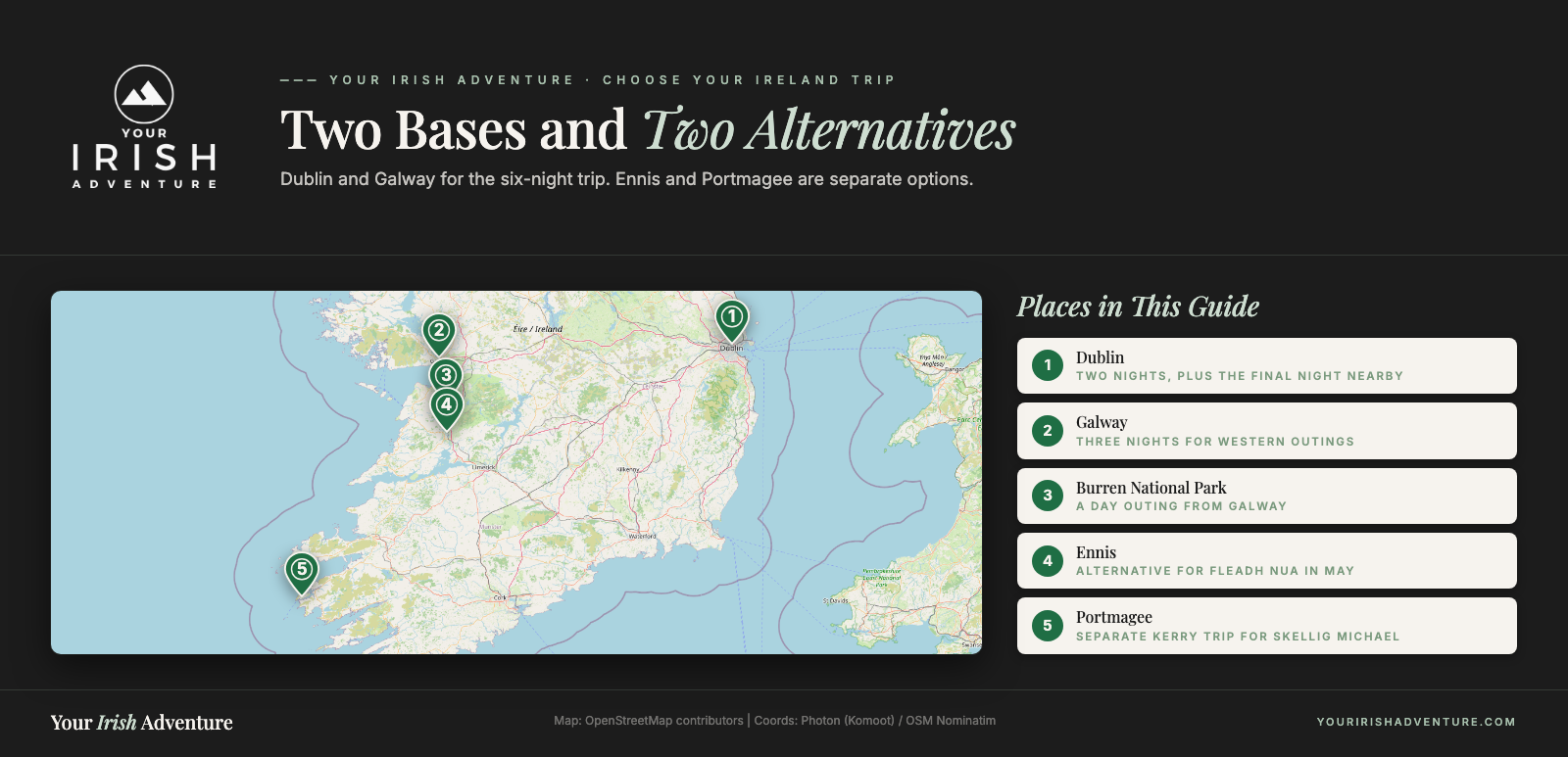 Map of Dublin, Galway, the Burren, Ennis, and Portmagee for an Ireland trip