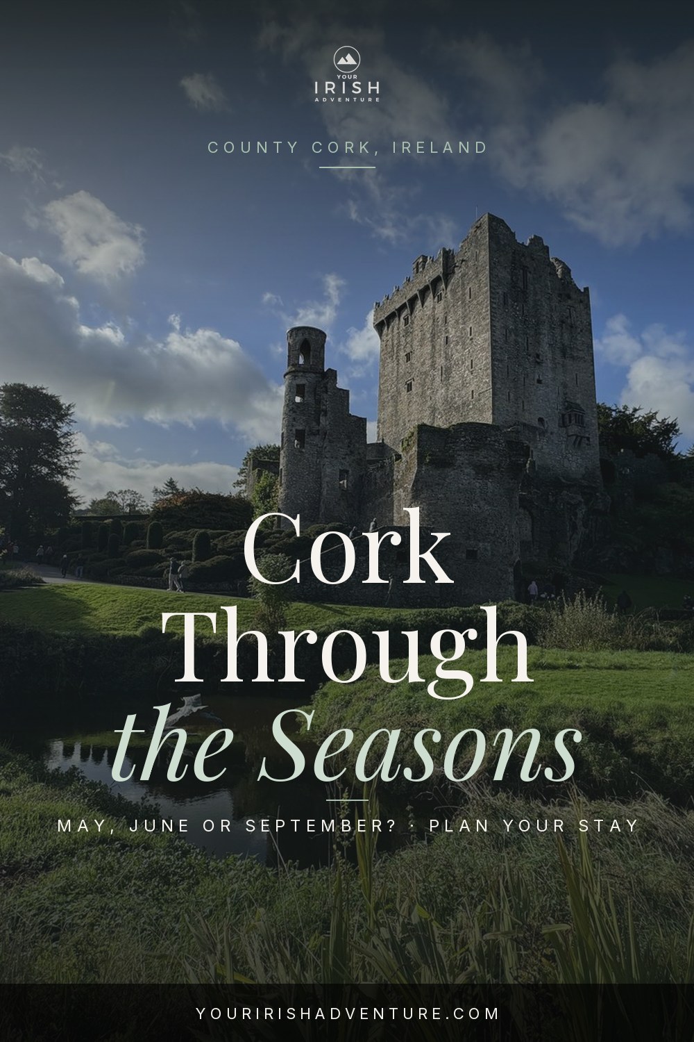 Cork through the seasons travel pin with a pond in the gardens at Blarney Castle