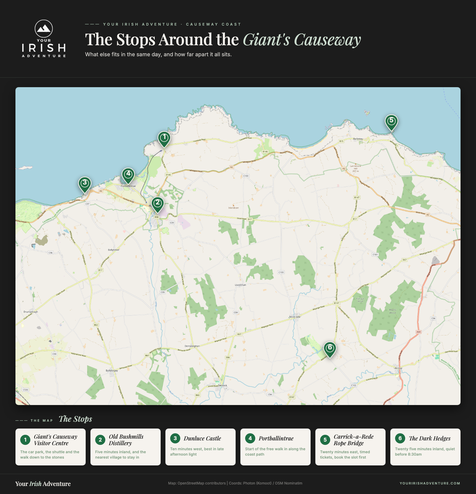 Map of the Giant's Causeway and nearby Causeway Coast stops in County Antrim