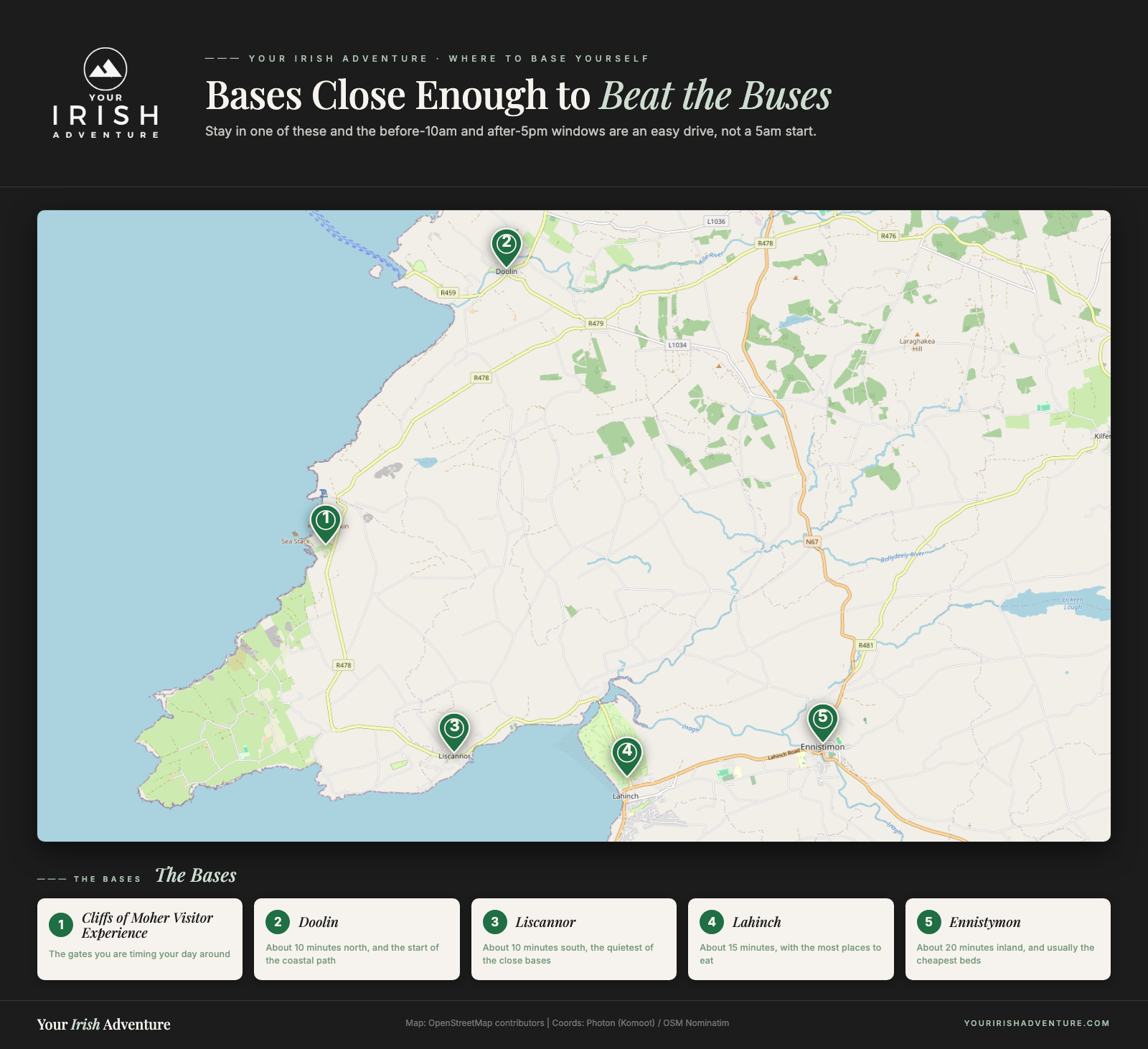 Map showing Doolin, Liscannor, Lahinch and Ennistymon around the Cliffs of Moher visitor center