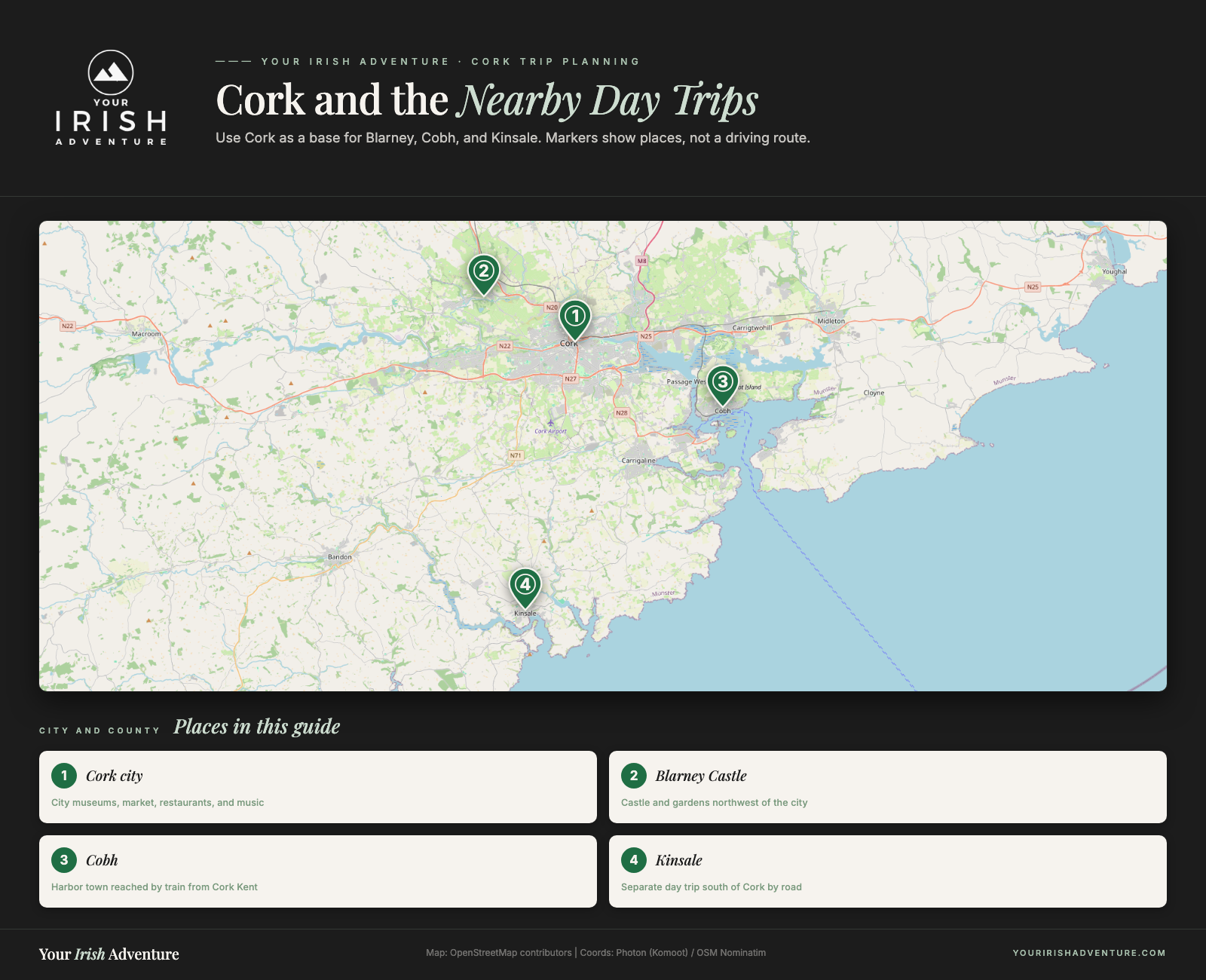 Map of Cork city and nearby Blarney Castle, Cobh, and Kinsale