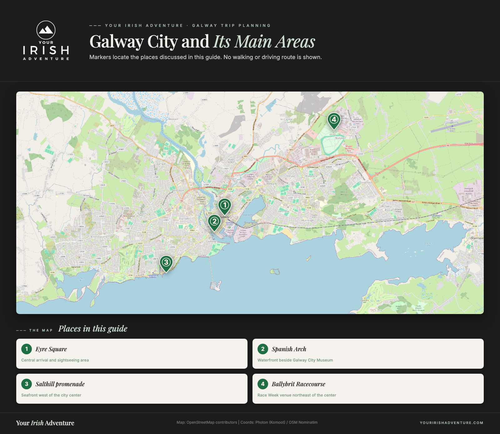 Map of Eyre Square, Spanish Arch, Salthill, and Ballybrit Racecourse in Galway