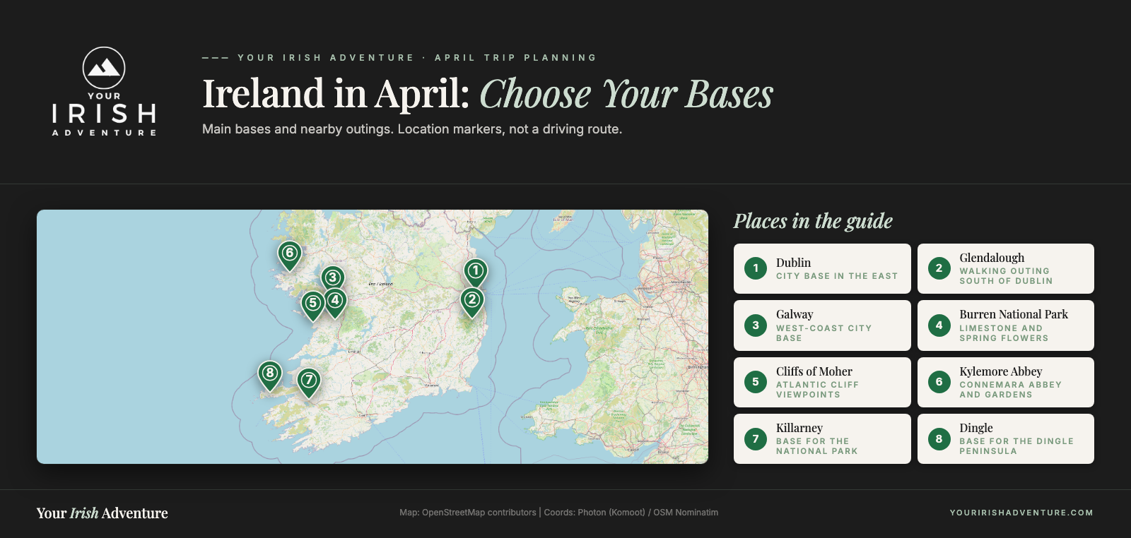 Map locating Dublin, Glendalough, Galway, Burren National Park, the Cliffs of Moher, Kylemore Abbey, Killarney, and Dingle