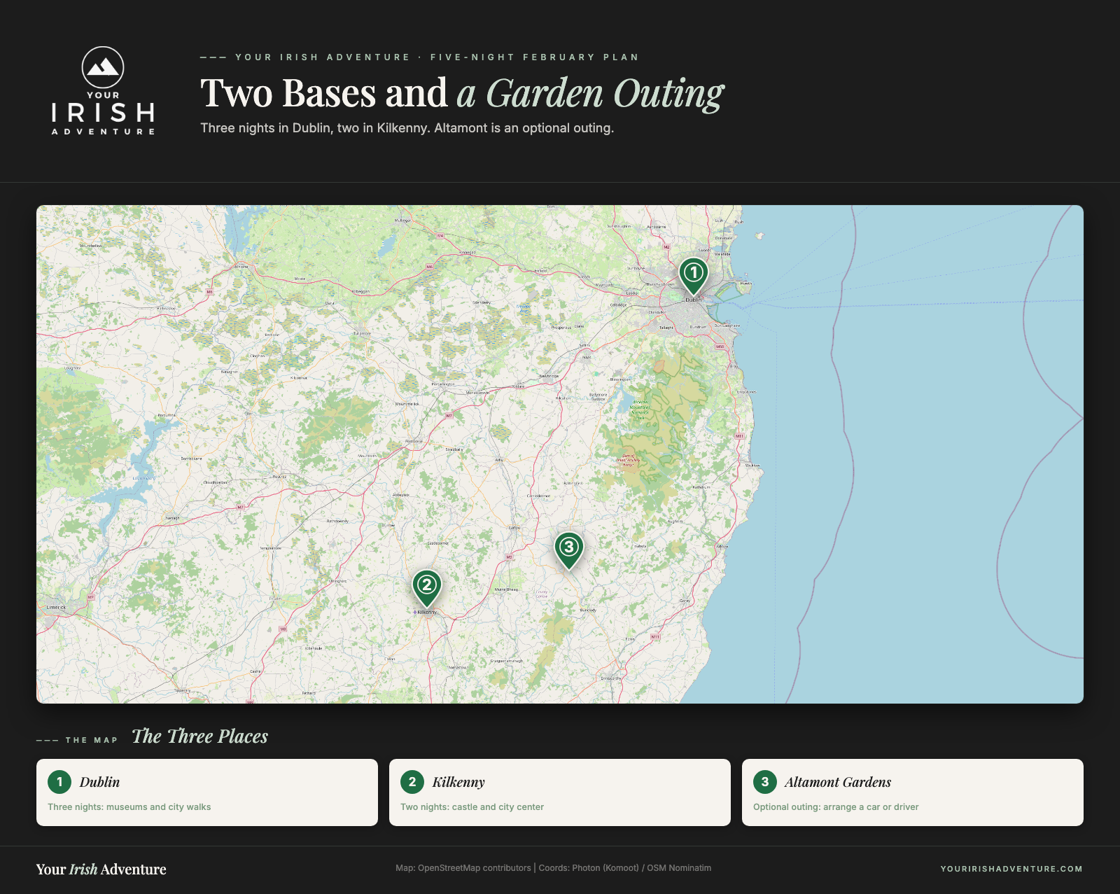 Map locating Dublin and Kilkenny overnight bases and Altamont Gardens as an optional outing