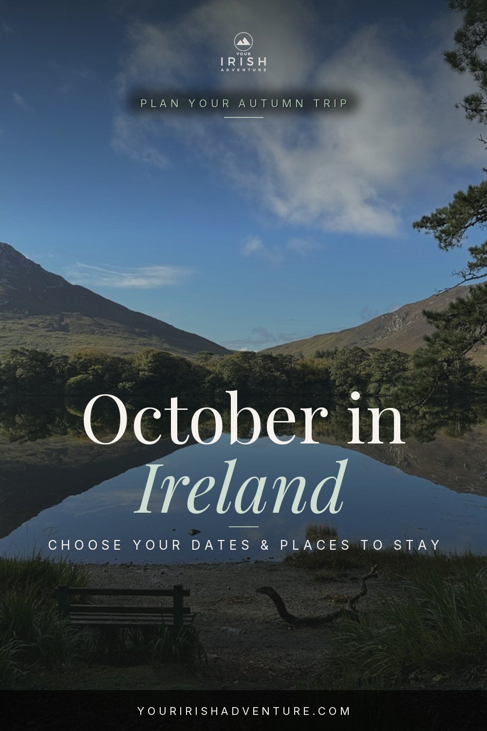Ireland in October travel planning pin with a County Galway lake