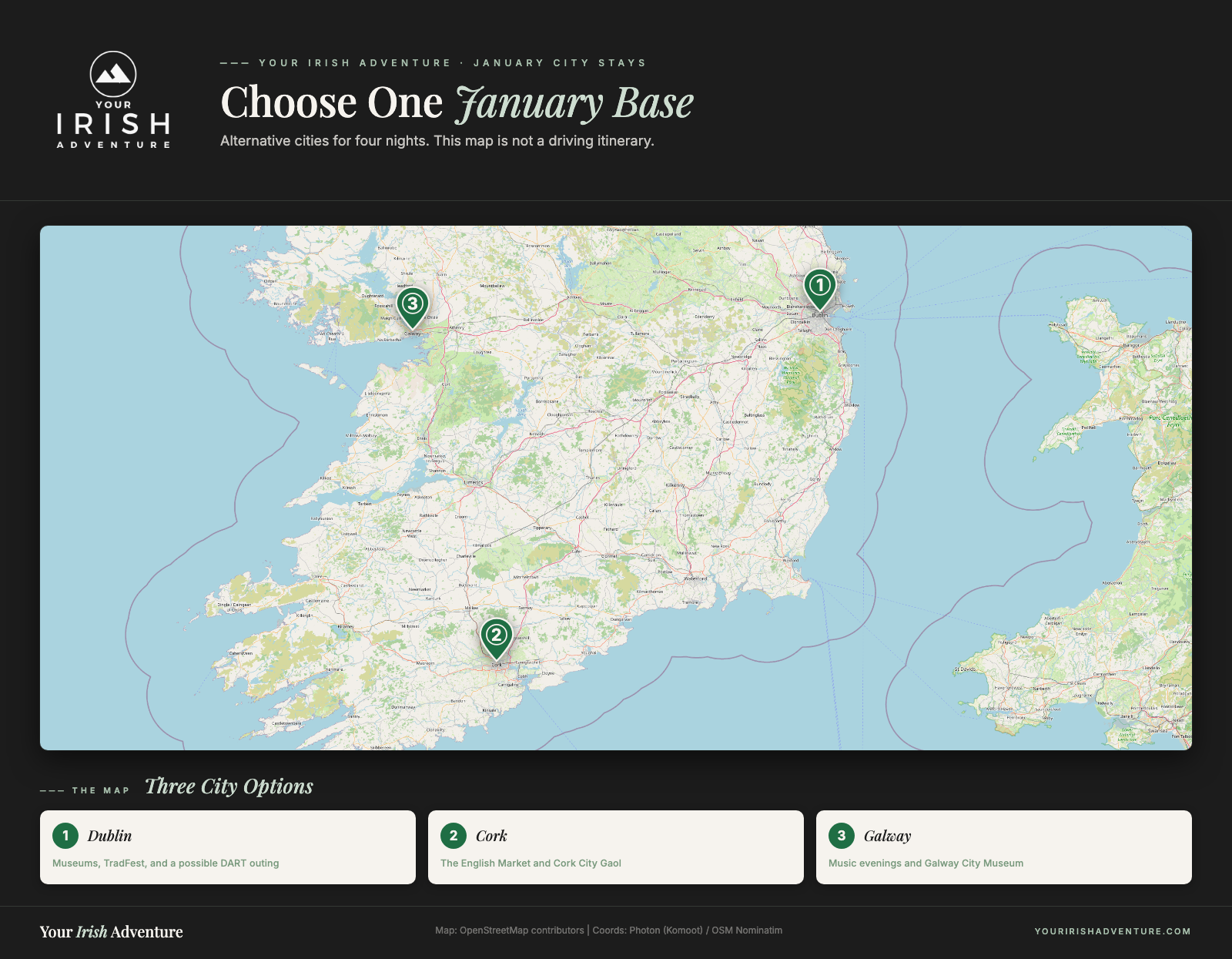 Map of Dublin, Cork, and Galway as alternative bases for Ireland in January