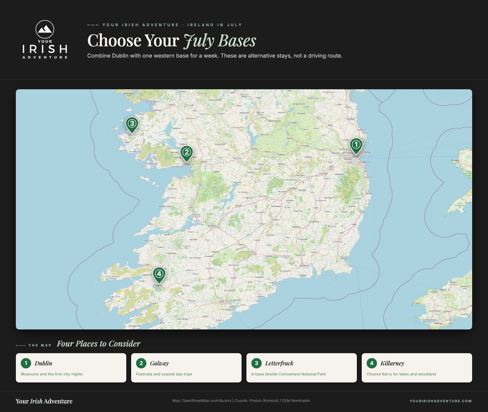 Map of Dublin, Galway, Letterfrack, and Killarney as alternative bases for Ireland in July