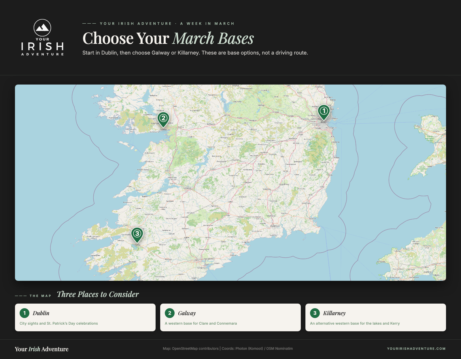Map of Dublin, Galway, and Killarney as base options for Ireland in March
