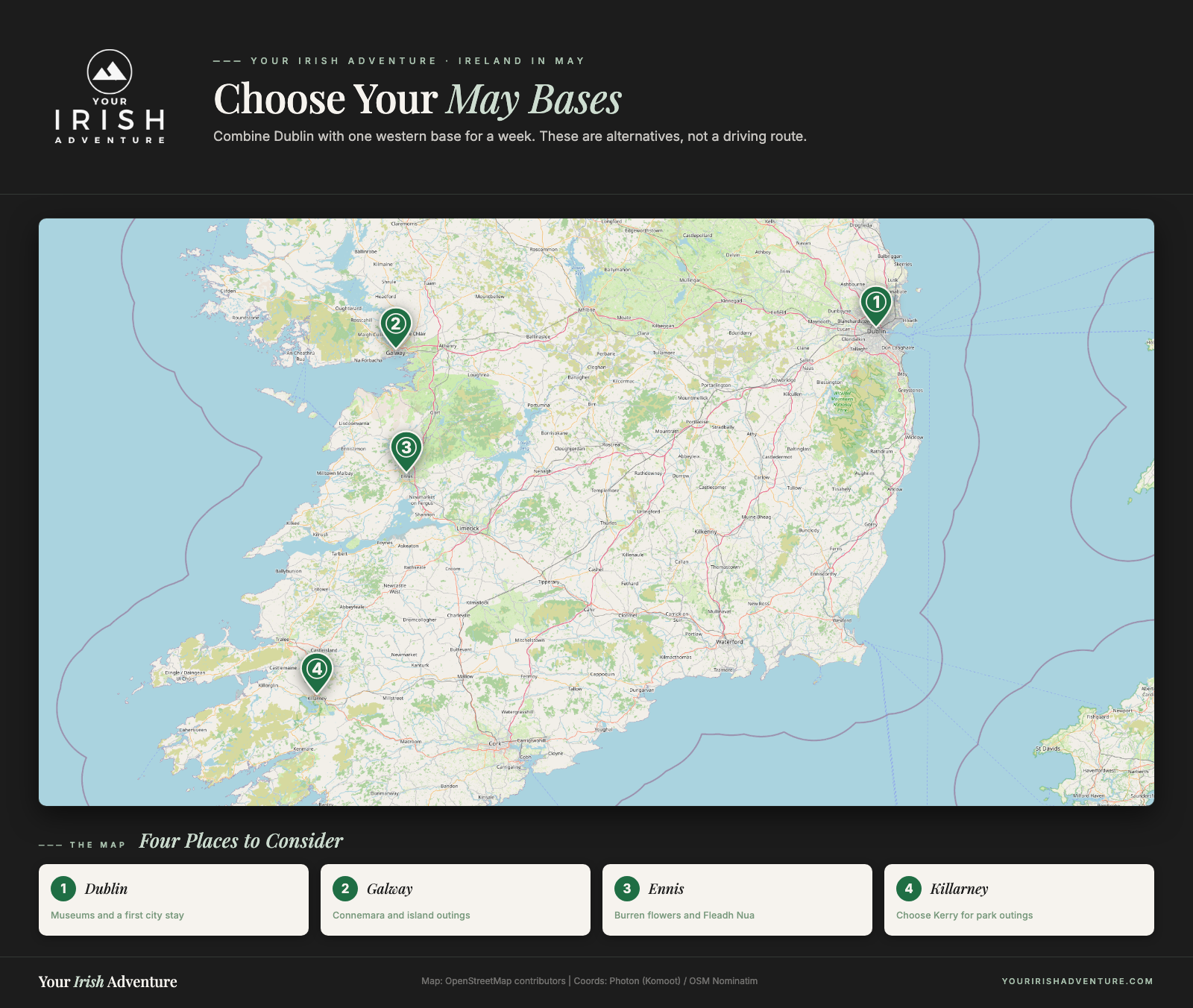 Map of Dublin, Galway, Ennis, and Killarney as alternative bases for Ireland in May