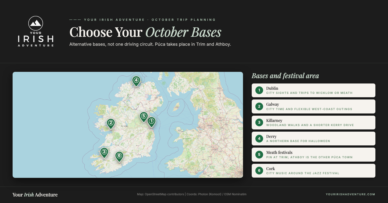 Map locating Dublin, Galway, Killarney, Derry, Trim in Meath, and Cork