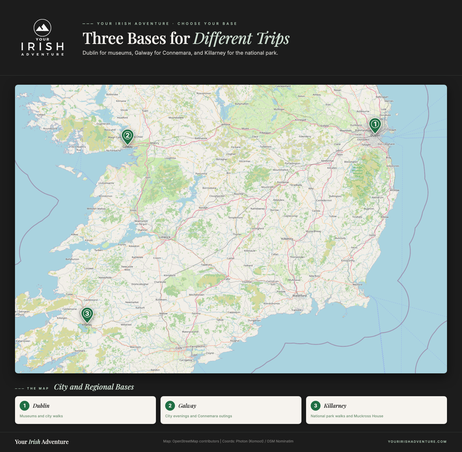 Map locating Dublin, Galway, and Killarney for choosing a base in Ireland