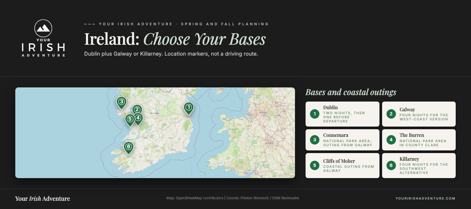 Map locating Dublin, Galway, Connemara, the Burren, the Cliffs of Moher, and Killarney