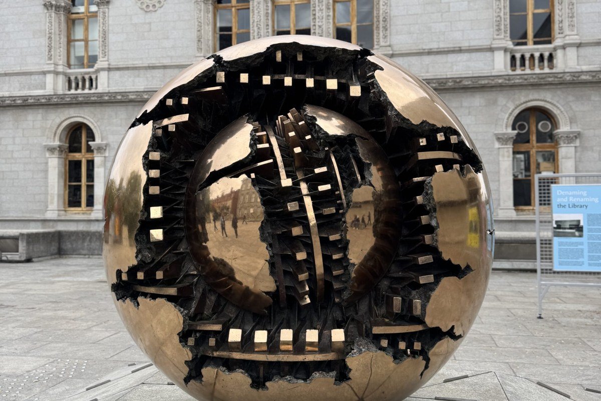 Sphere Within Sphere sculpture in the Trinity College Dublin courtyard
