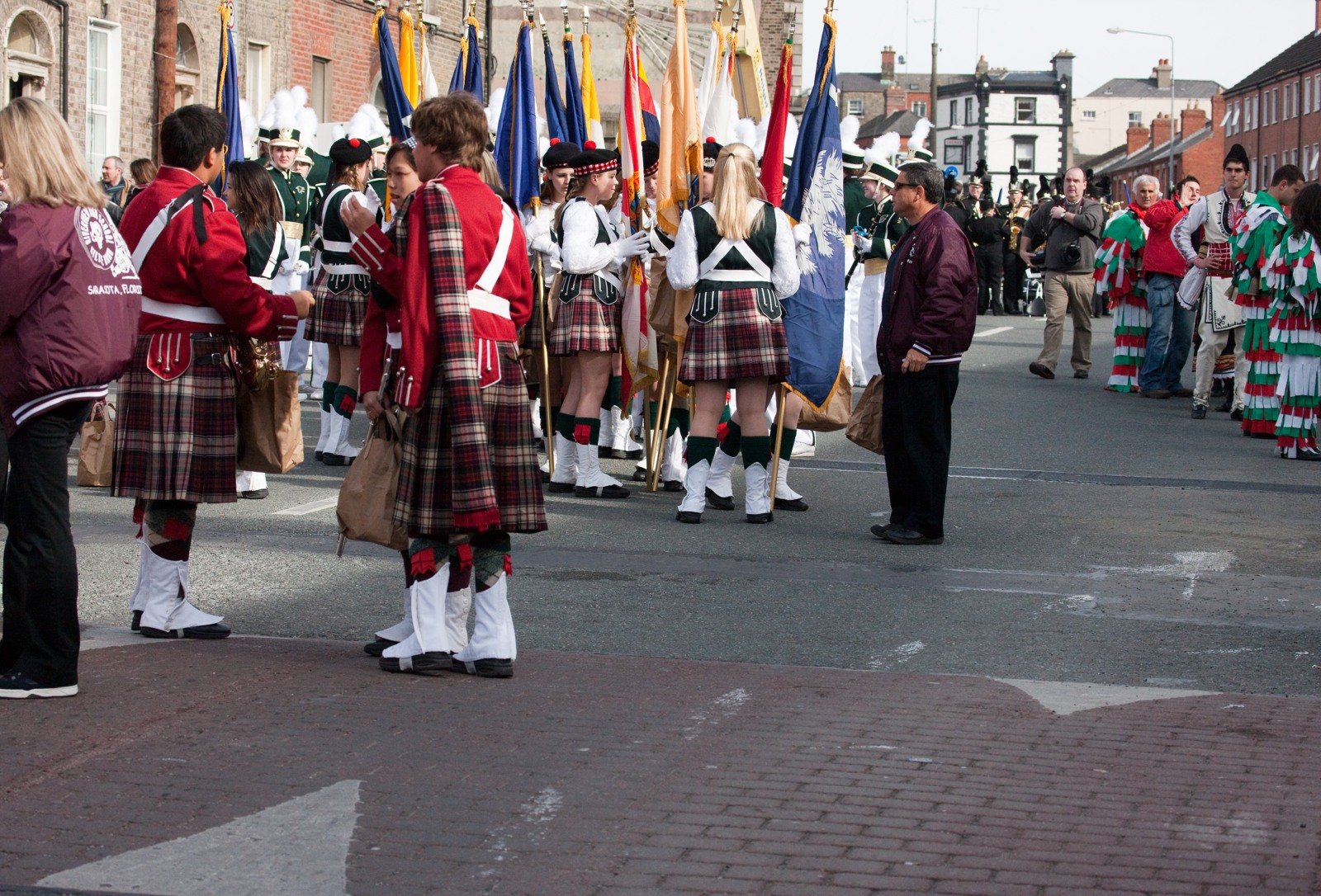 A visiting marching band preparing for Dublin’s St. Patrick’s Day parade