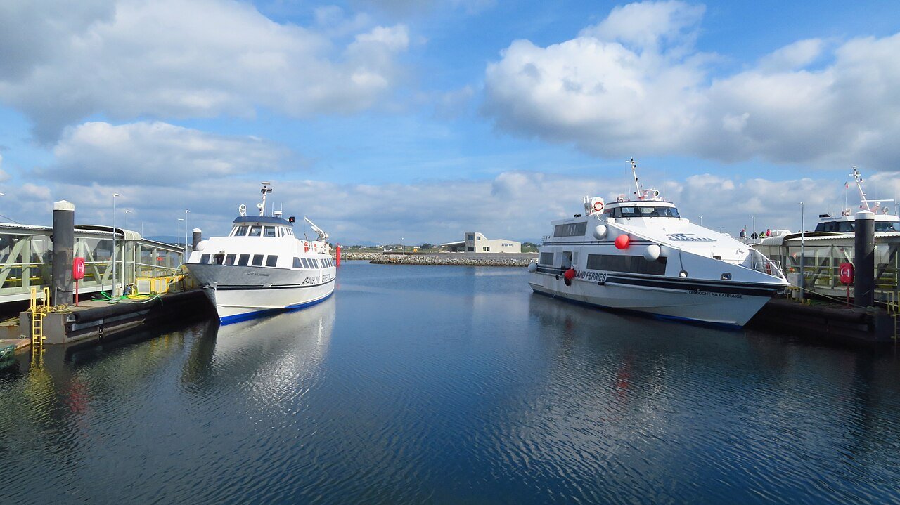 Two Aran Island Ferries boats moored at Rossaveel harbor