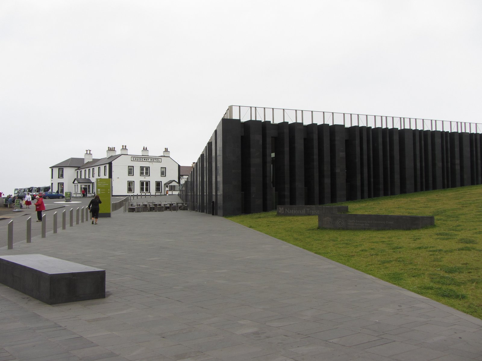 The Giant's Causeway visitor centre building beside the Causeway Hotel and its car park