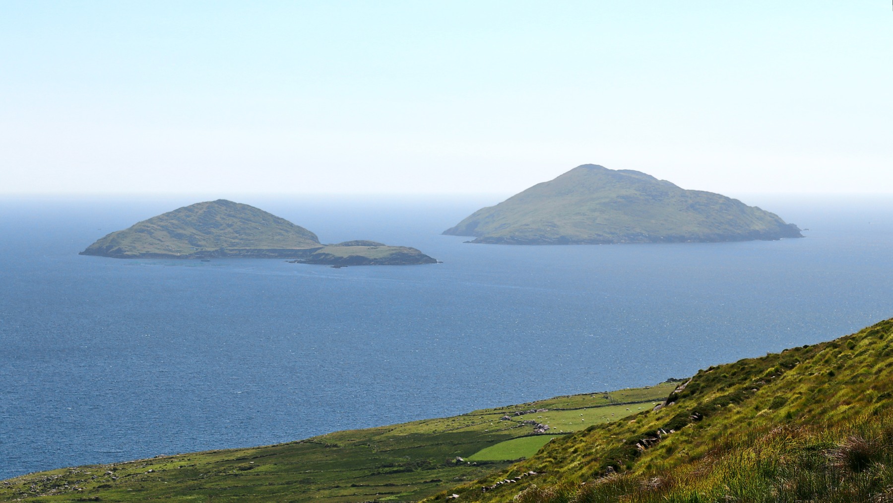 Deenish and Scariff islands beyond the grassy Kerry coast