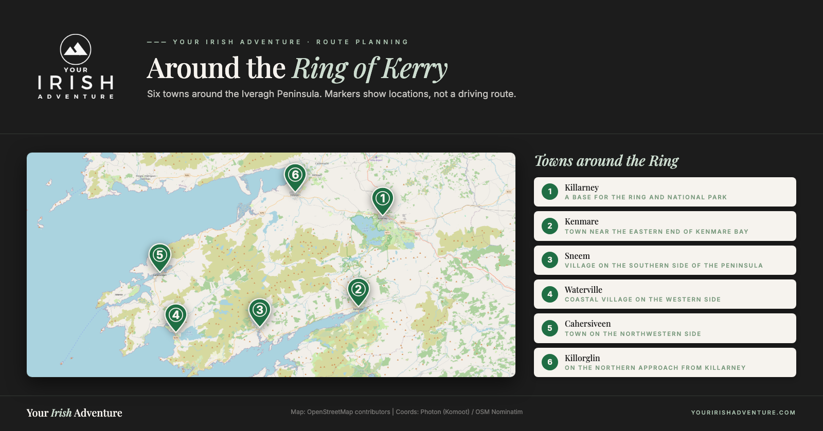 Area map showing six main towns around the Ring of Kerry, with no driving route drawn