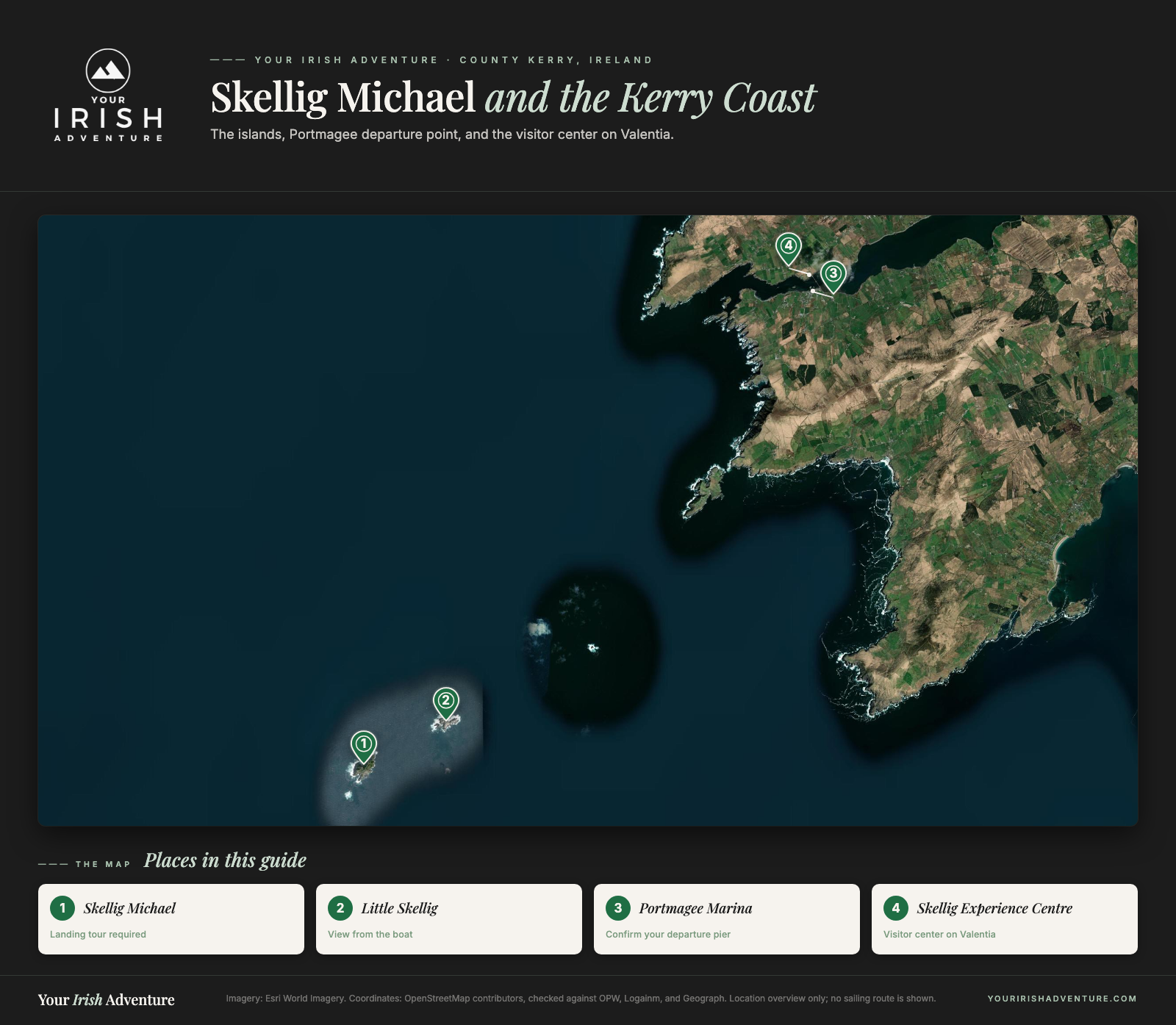 Area map showing Skellig Michael and Little Skellig southwest of Portmagee Marina and the Skellig Experience Centre on Valentia Island