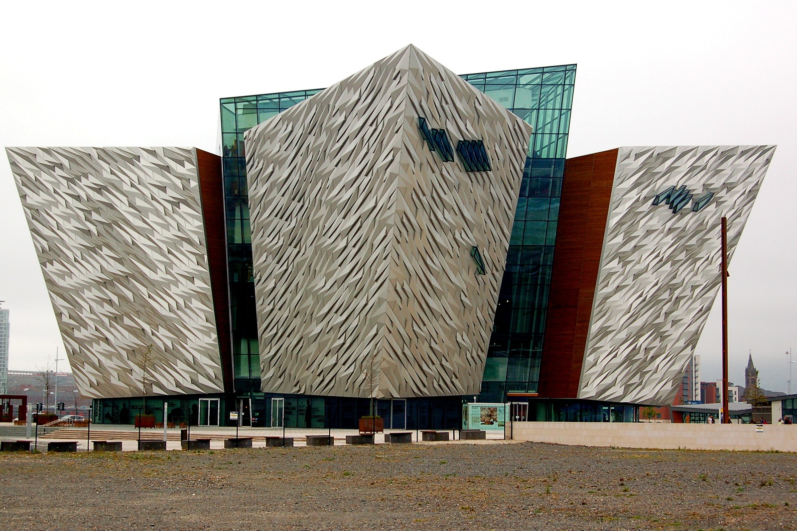 Titanic Belfast's angular exterior beside its entrance plaza