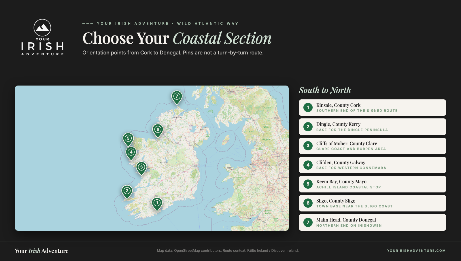 Wild Atlantic Way map from Kinsale and Dingle through Clare, Clifden, Keem Bay, and Sligo to Malin Head