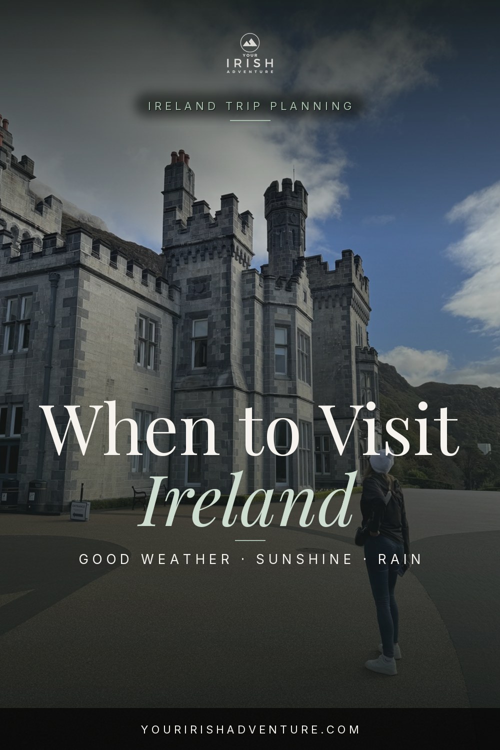 Best time to visit Ireland for good weather pin with Kylemore Abbey beneath blue sky