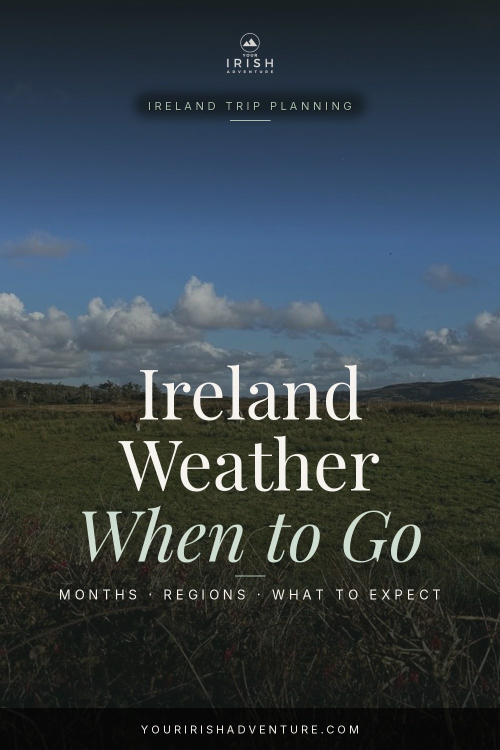 Ireland weather planning pin with a green Connemara field beneath blue sky