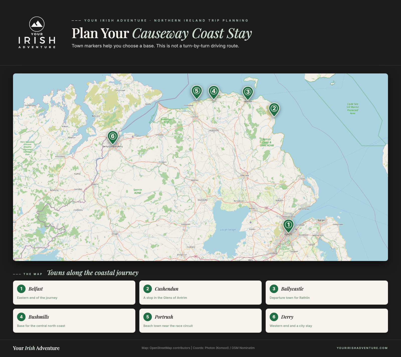 Map locating Belfast, Cushendun, Ballycastle, Bushmills, Portrush, and Derry